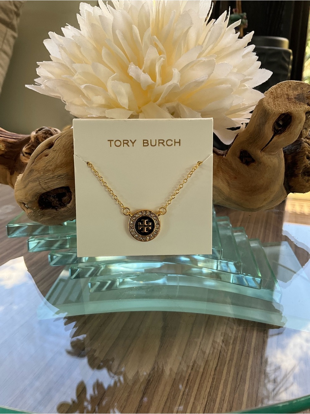 Tory Burch Gold and Black Logo Medallion Pendant Necklace